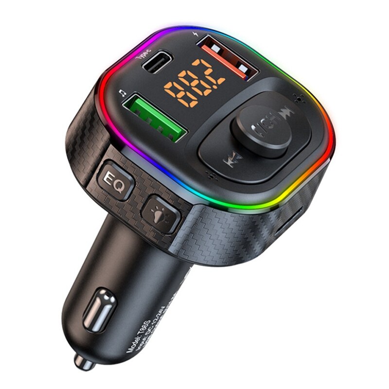 T86S Car Bluetooth FM Transmitter PD Type-C QC3.0 4.8A Dual USB Charger MP3 Player Colorful Light Adapter Handsfree