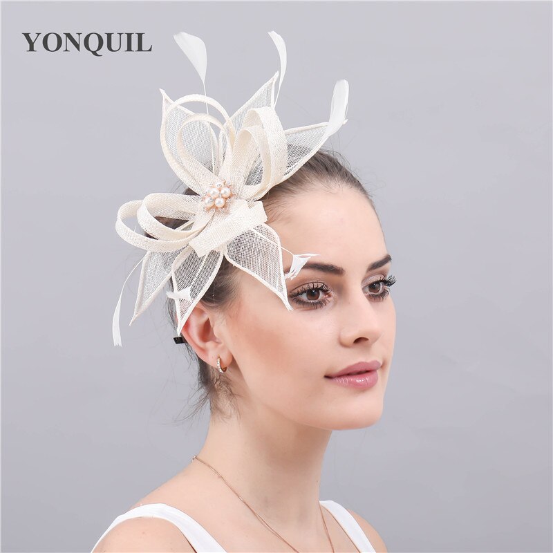 Blanc Sinamay coiffure de mariage pour mariée chapeau Fascinator cheveux accessoires épingle à cheveux mariée dames nouvelle chapeaux: Beige