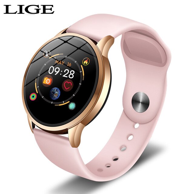 LIGE-reloj inteligente de lujo para mujer, deportivo, resistente al agua, con control del ritmo cardíaco y de la presión sanguínea, podómetro para Android e ios: Pink