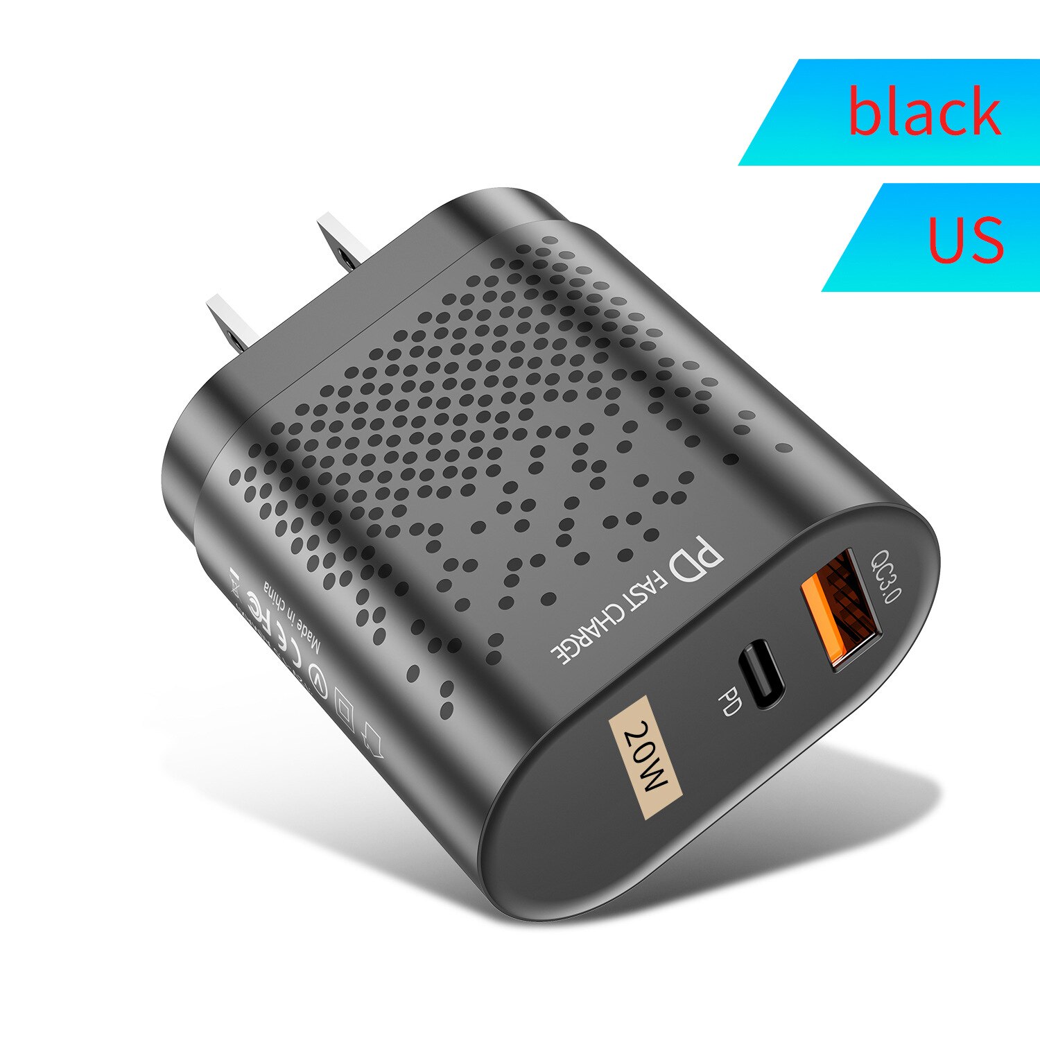 UTHAI QC3.0 carica rapida PD caricatore 20W per Apple Android USB-A + tipo-c a doppia porta testa di ricarica per Iphone 13 12: US-Black