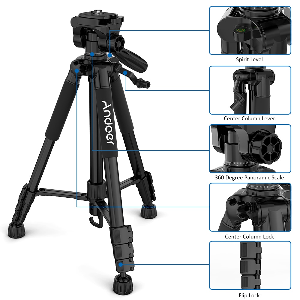 Andoer TTT 663N – trépied d'appareil photo léger de voyage de 57.5 pouces, pour la photographie et la prise de vue vidéo pour DSLR SLR avec sac de transport et pince pour téléphone