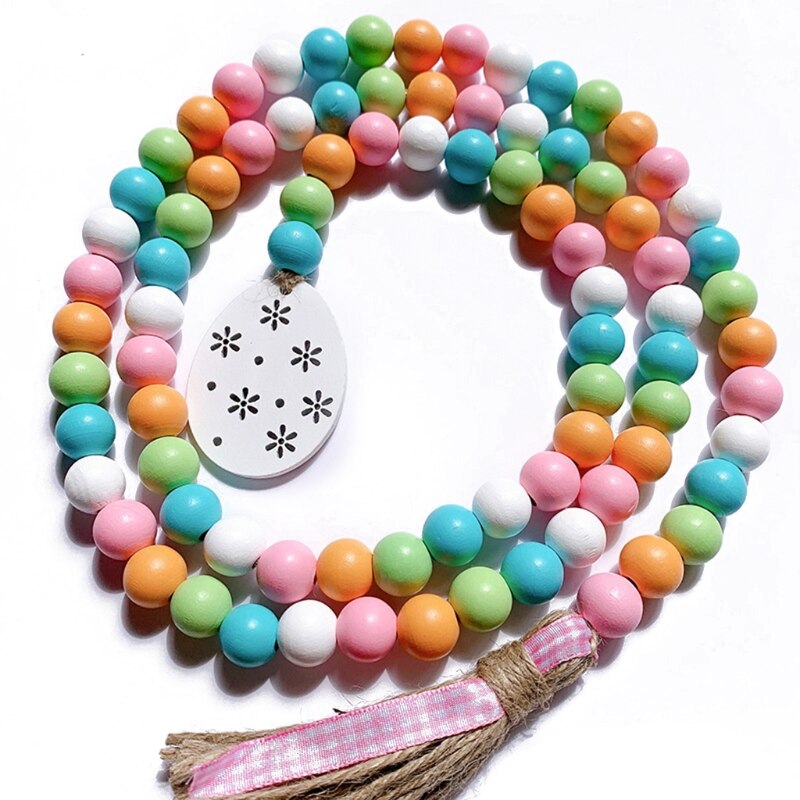Nordic Easter Wood Bead Garland with Tassels Farmhouse Beads Rustic Country Decor Kid Room Wall Hanging Ornament Home Decor
