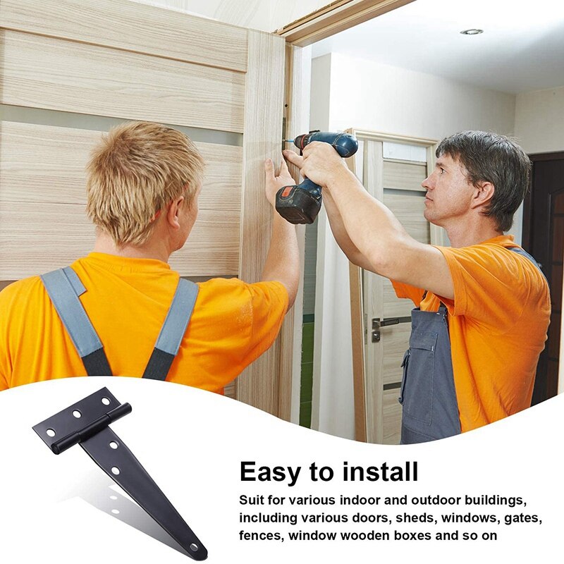 6 PCS 4 Inch T-Strap Hinges Rustic Gate Strap Hinge Rustproof Gate Door Black Hinges for Windows, Fence and Barn Gates