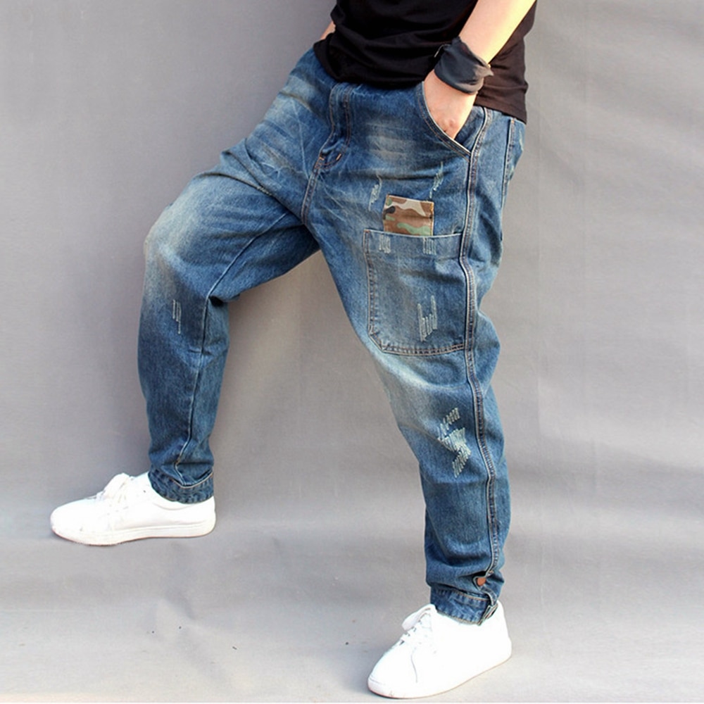 Lugentolo-pantalones vaqueros bombachos para hombre, de estilo Hip Hop, medio suelto, con cremallera, largo de talla grande bajo ajustado, Vaqueros rasgados para hombres