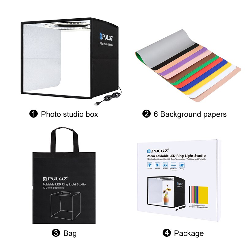PULUZ 25cm Photo Studio Light Box with 12 Colors Background Mini Tabletop Lightbox Photography Soft Shooting Box Tent Ring Light: Studio Box