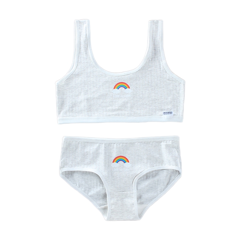 Teenage Young Girls 2 Piece Underwear Set Rainbow Bridge Print Cotton Training Bra Vest Top and Matching Panties Sports Bralette: gray
