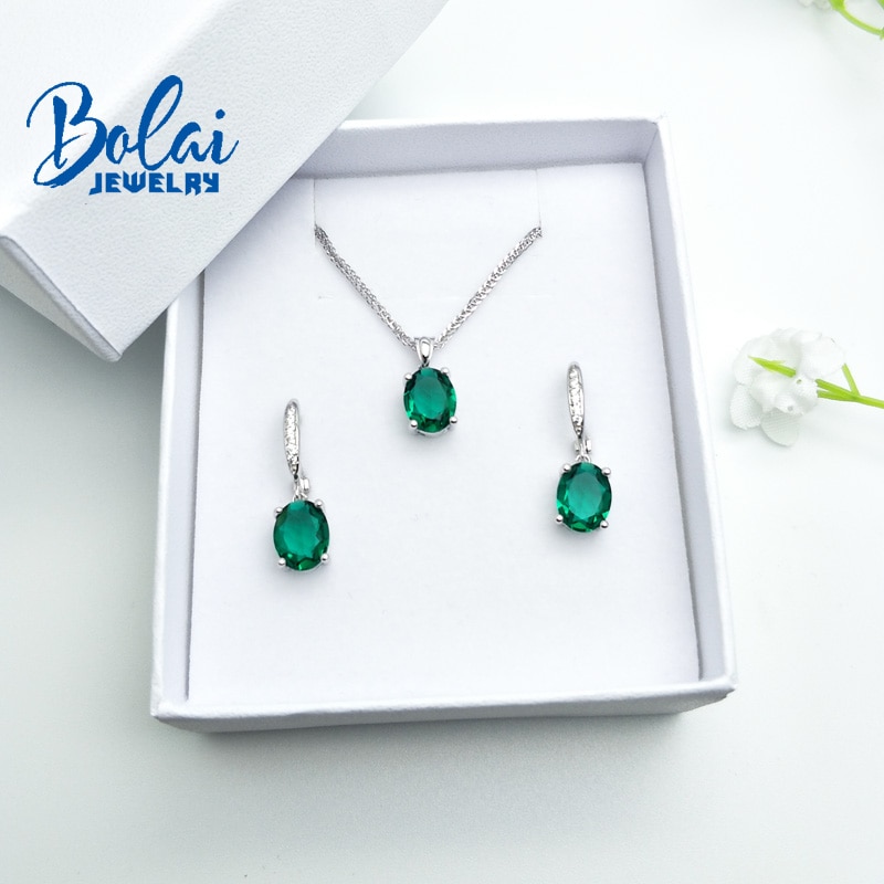 Bolaijewelry, Created green emerald oval 7*9mm earring pendant 925 sterling silver fine jewelry for women best