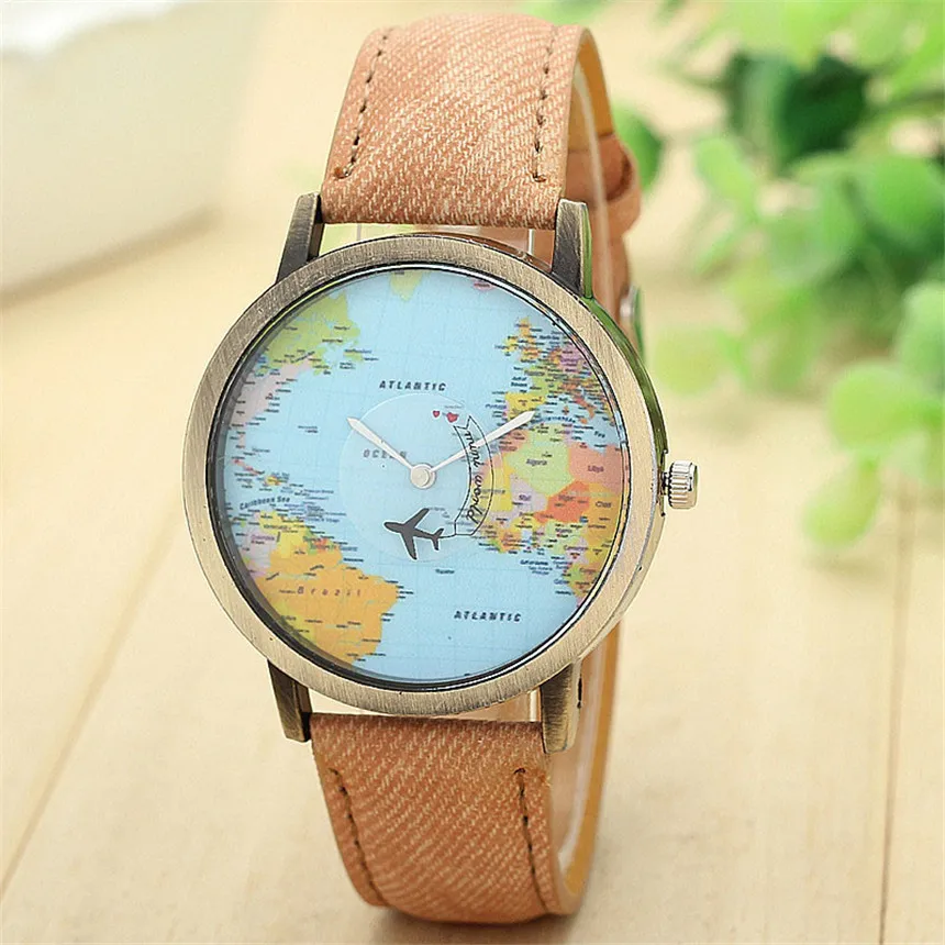 Cool Mini Wereld Mode Quartz Horloge Mannen Unisex Kaart Vliegtuig Reizen Rond De Wereld Vrouwen Lederen Jurk Horloges: Coffee