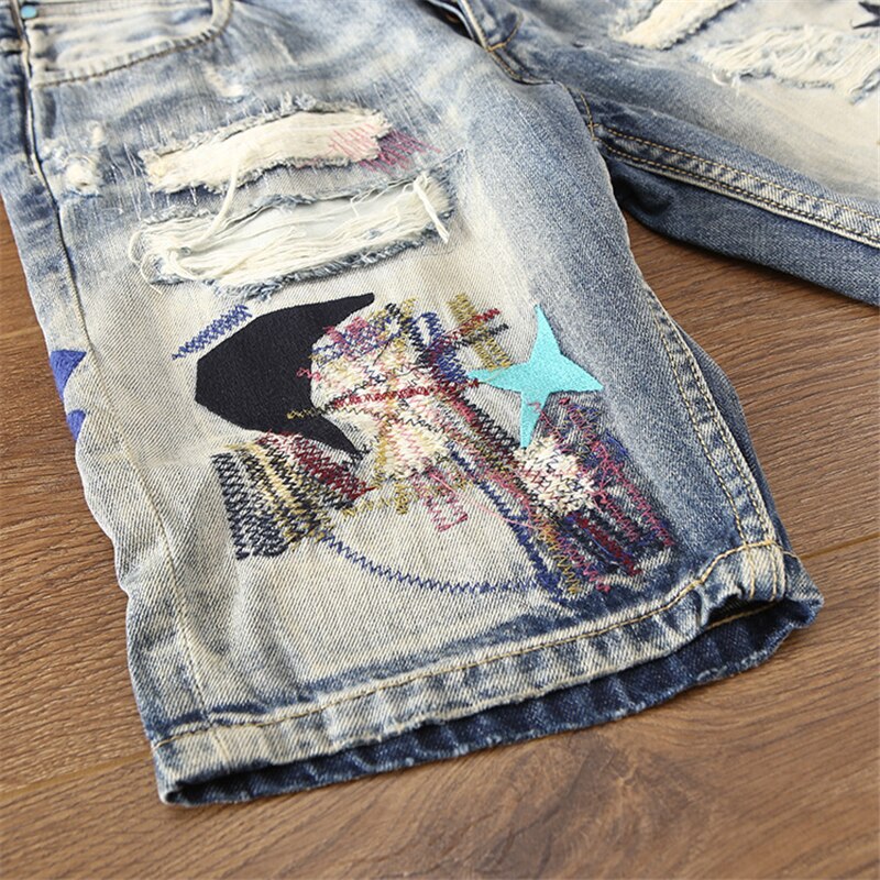 Japanese Harajuku Patchwork Ripped Jean Shorts Urban Boys Streetwear Distressed Hip Hop Punk Denim Shorts Plus Size