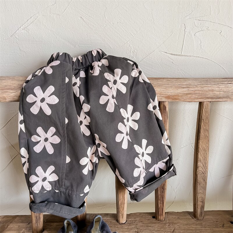 Spring kids pure cotton harem pants Children floral print all-match casual pants: Gray / 6T