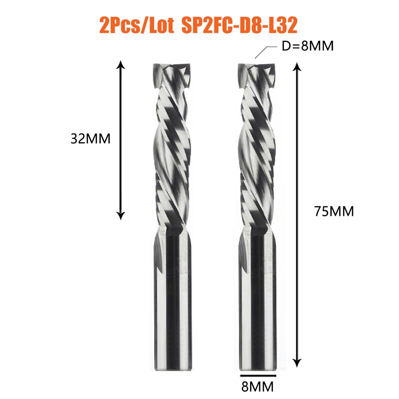2PCS/LOT Compression Milling Cutter Woodwork UP&amp;DOWN Cut Two Flute Spiral Carbide Milling Tool CNC Router Bits Wood End Mill: 2PC-SP2FC-D8.0-L32