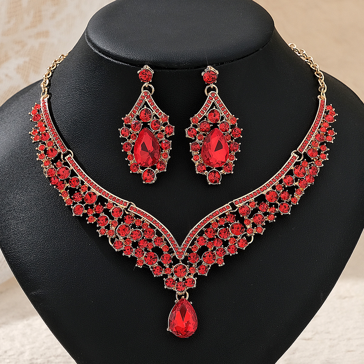 Barokke Kristal Strass Bruidssieraden Sets voor Vrouwen Trouwjurk Kroon Oorbel Tiara Ketting Set Prom Bruid Sieraden Sets: Roest Rood