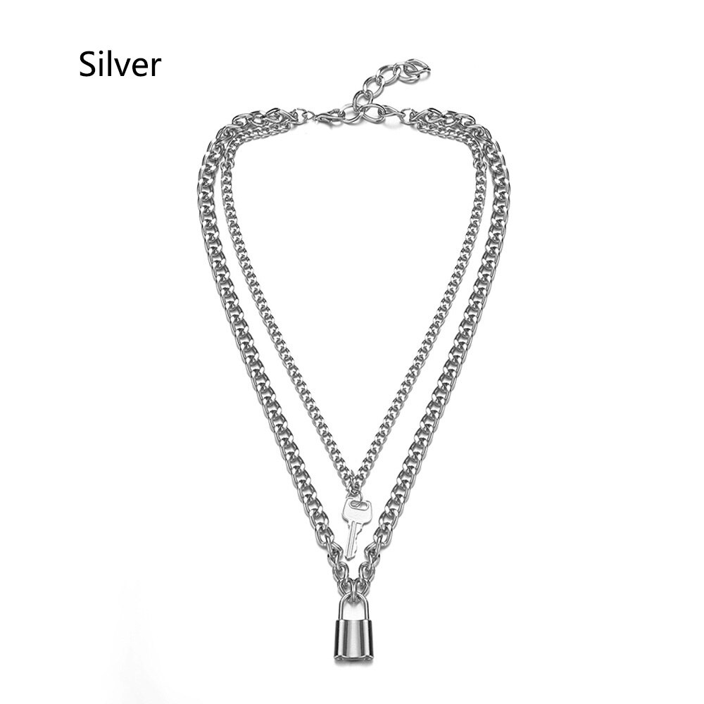 1Pcs Punk Jewelry Gold Silver Color PadLock Pendant Necklace Stainless Steel Rolo Cable Chain Necklace: 2-Silver