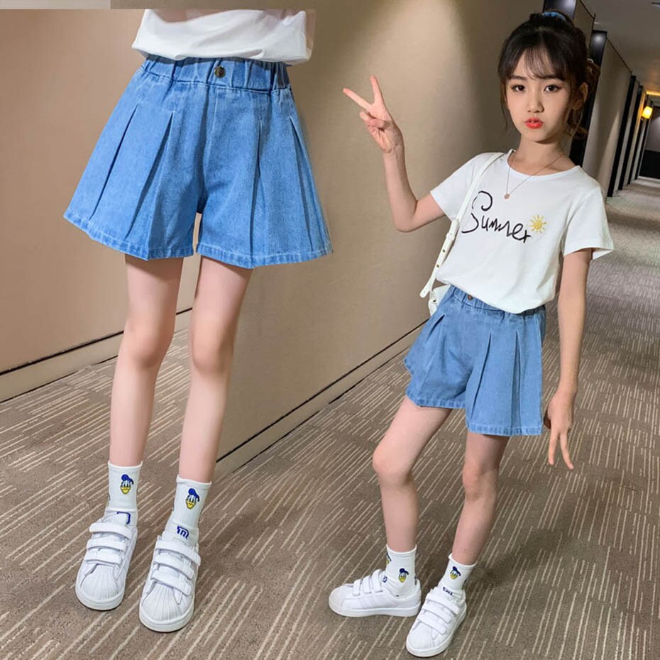 Girls Short Jeans Ruched Girl Summer Jeans Child Solid Color Kids Jeans Elastic Waist Children's Clothing 6 8 10 12 14