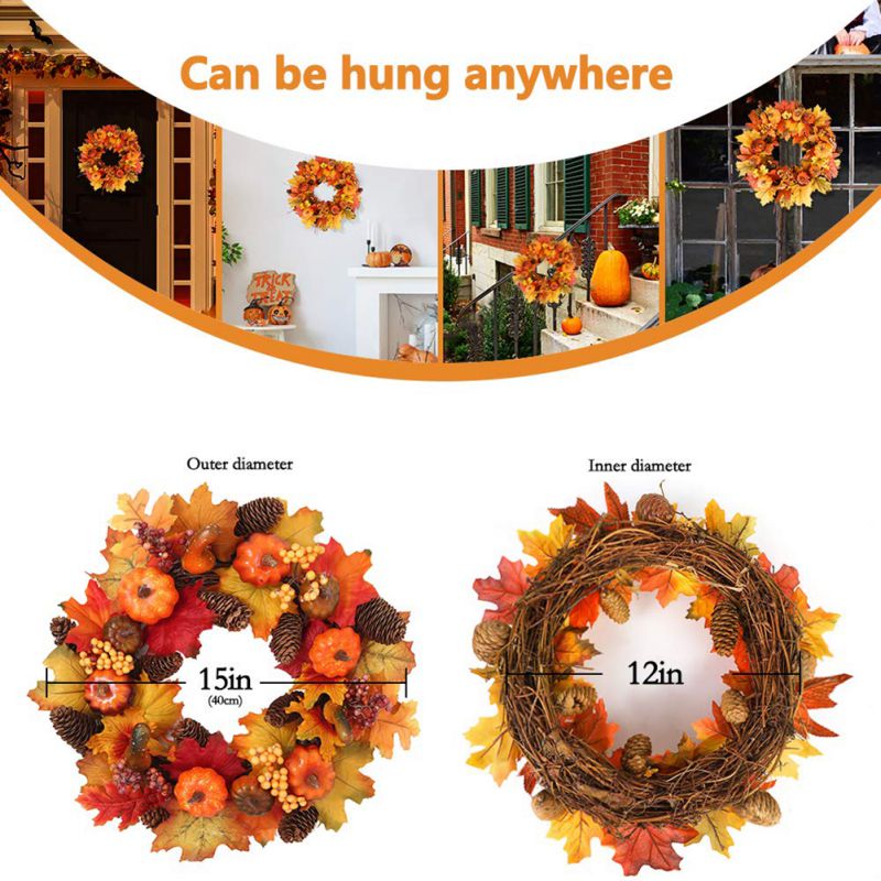 Halloween Thanksgiving Voordeur Krans Herfst Krans Oogst Met Kunstmatige Pompoenen Esdoornblad Berry Opknoping Decoratie