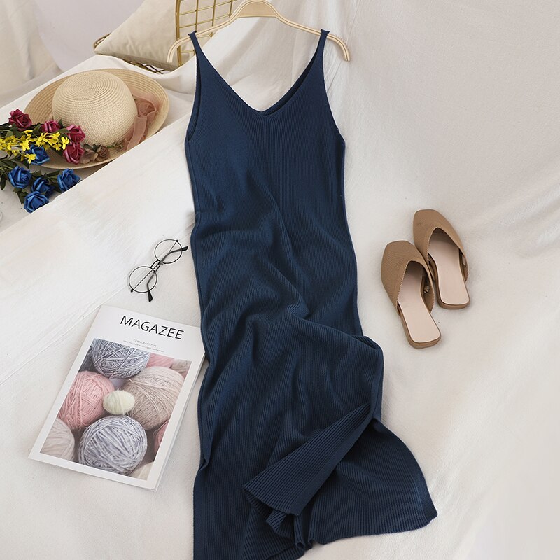 Robe élégante en tricot pour femme, tenue de soirée, couleur unie, col en v, fendue, sans manches, à la: dark blue