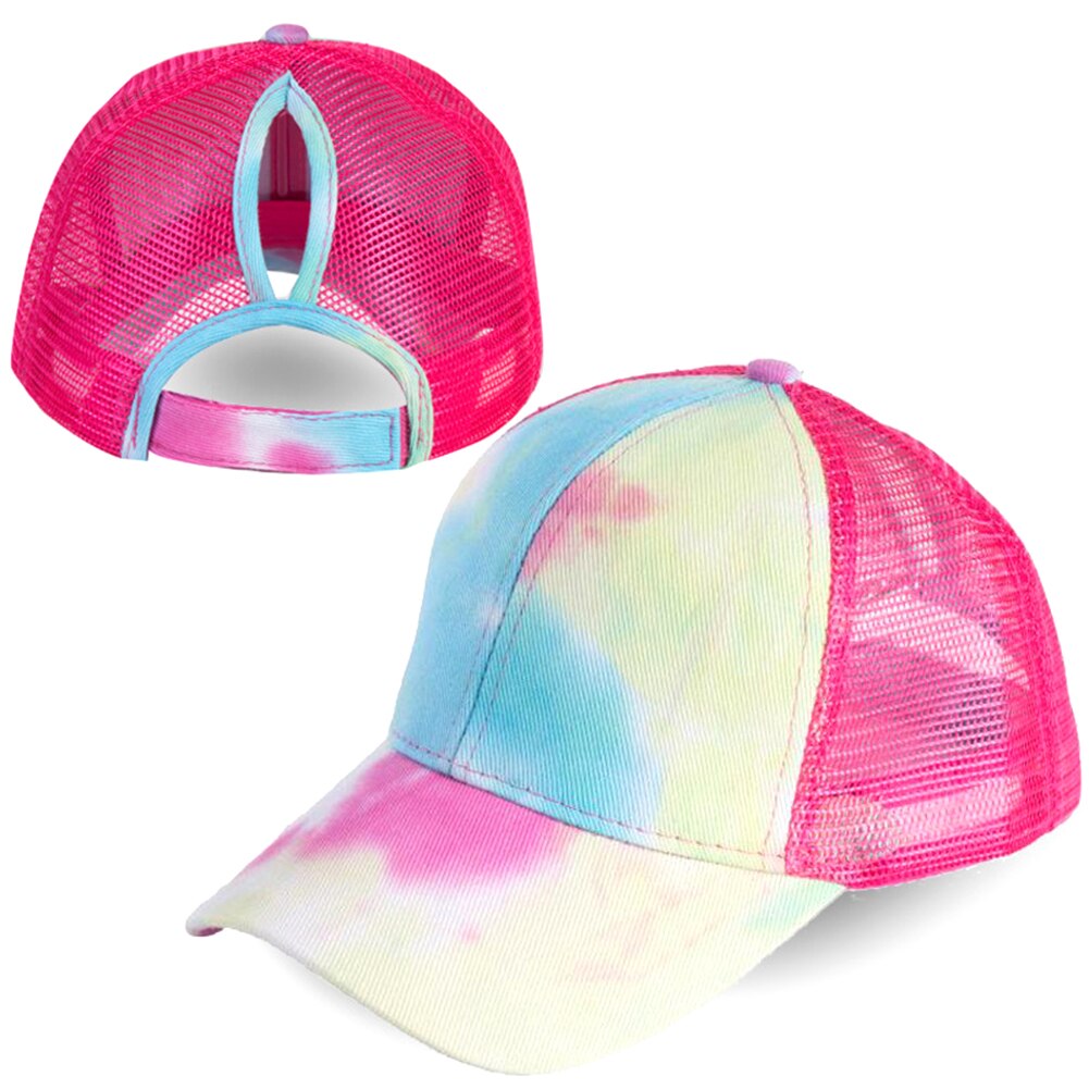 Udendørs kvinder slipsfarve anti sol justerbar bomuld baseball cap mesh hestehale hat til udendørs slipsfarve åndbar baseball cap hatte