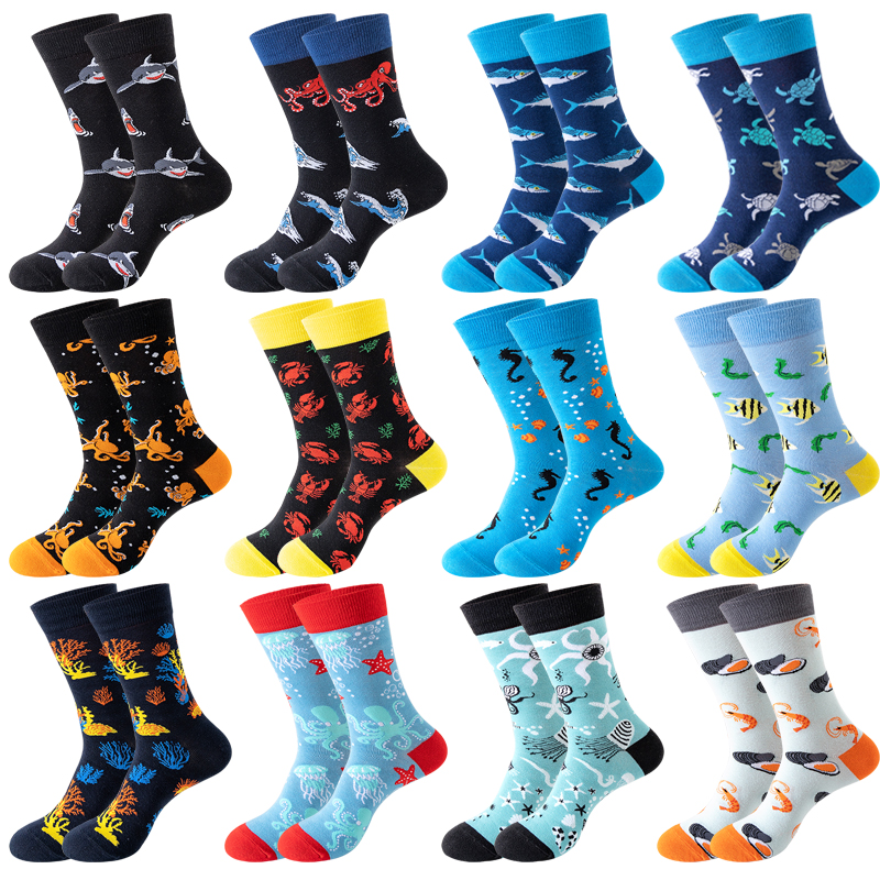 Nuevos calcetines de para hombre Harajuku japonés calcetines de dibujos animados felices caballito de mar cangrejo camarones calcetines de Coral tendencia medias masculinas calcetines divertidos