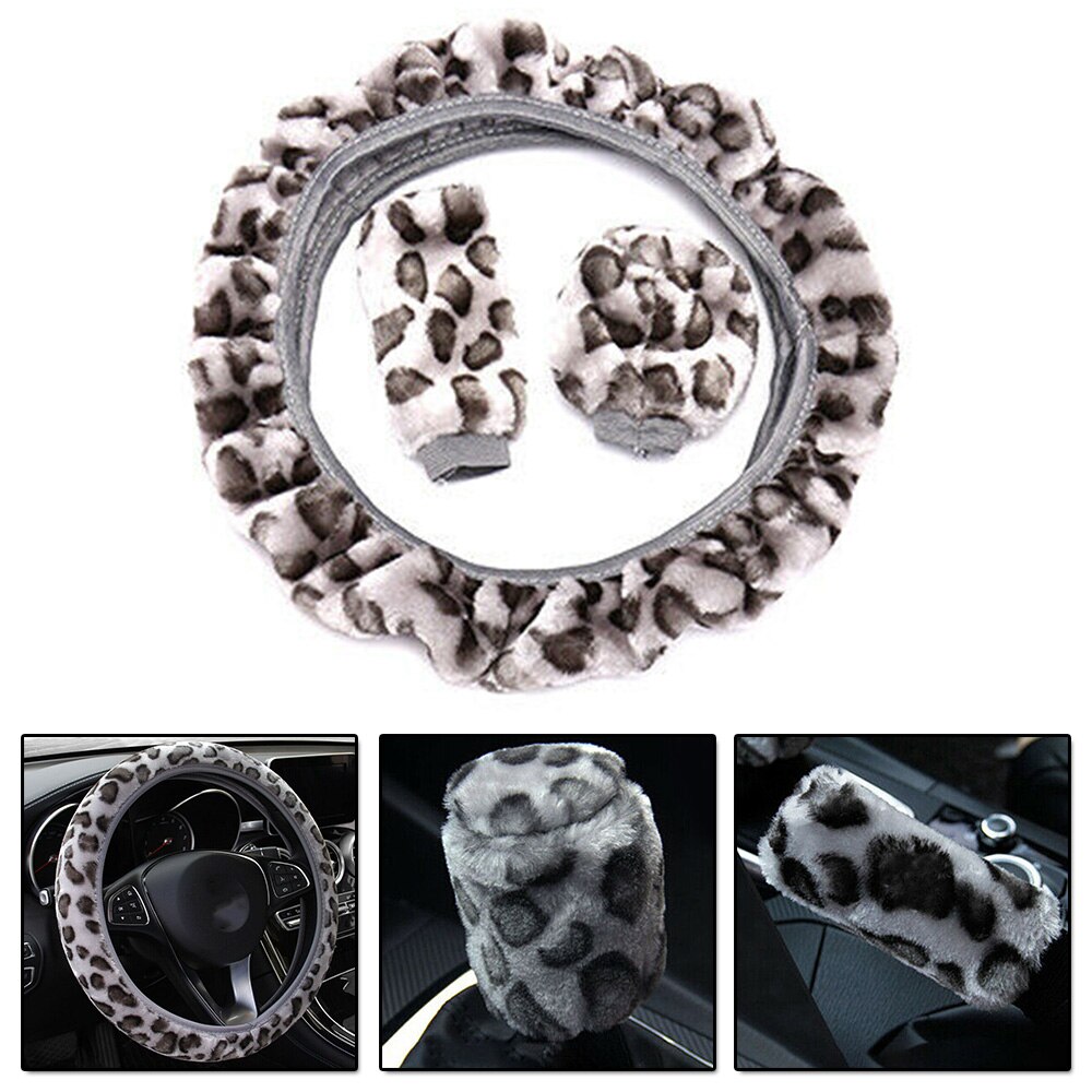 1Set Gray Leopard Fluff Plush Steering Wheel Hand Brake Gear Position Gear Winter Three-piece Fur Cover Car Interior Accessories