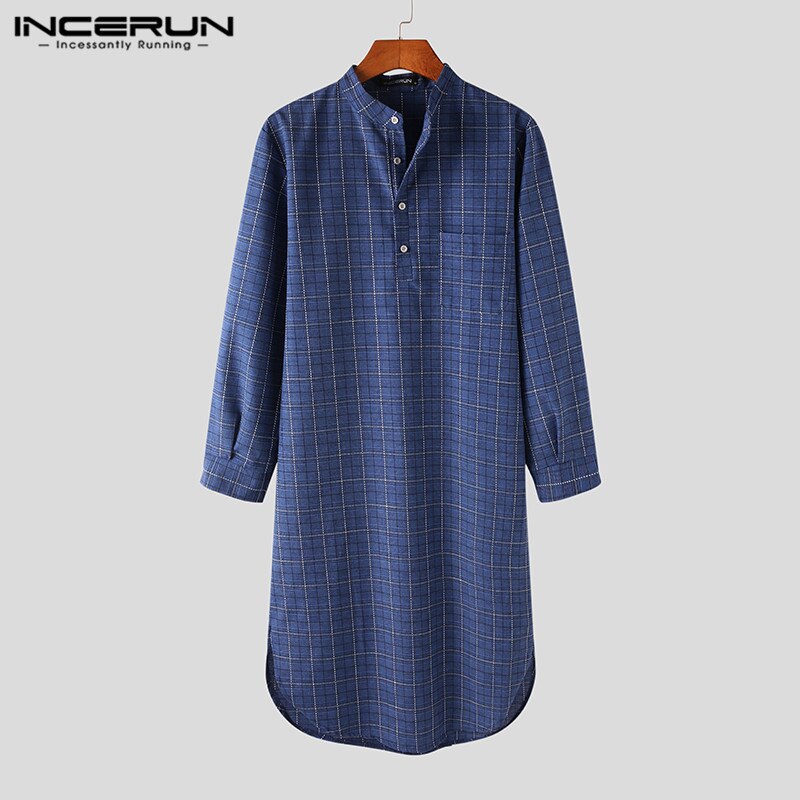 Long Sleeve Stand Collar Nightgown INCERUN Men Plaid Sleep Robes Casual Button Comfy Bathrobes Man Cotton Pockets Homewear S-5XL