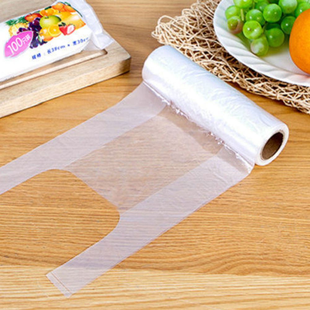 100 Bags/Roll Plastic Food Storage Bags with Portable Handle for Vegetable Fruits Bread Food Storage Three Sizes Optional