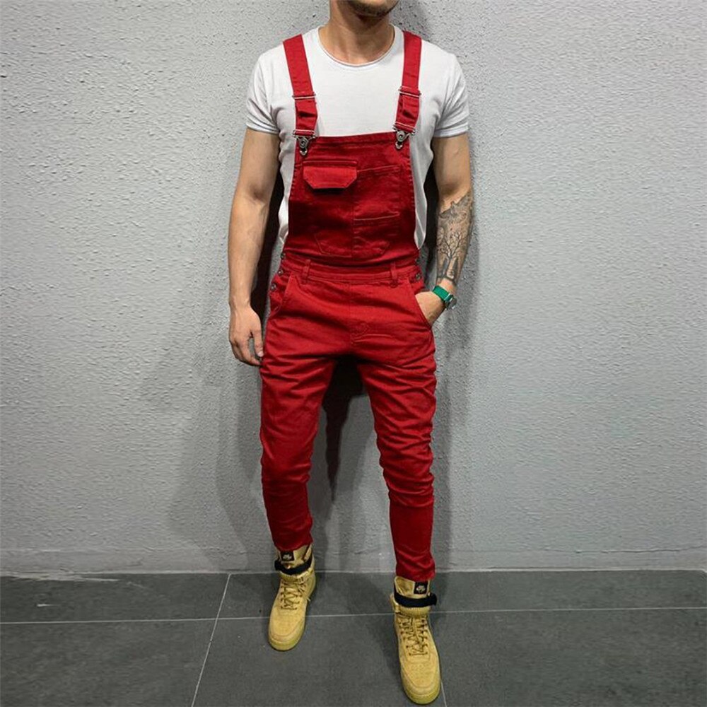 Peto vaquero para hombre, monos, pantalones vaqueros de motorista, de talla grande, informales: S / Rojo