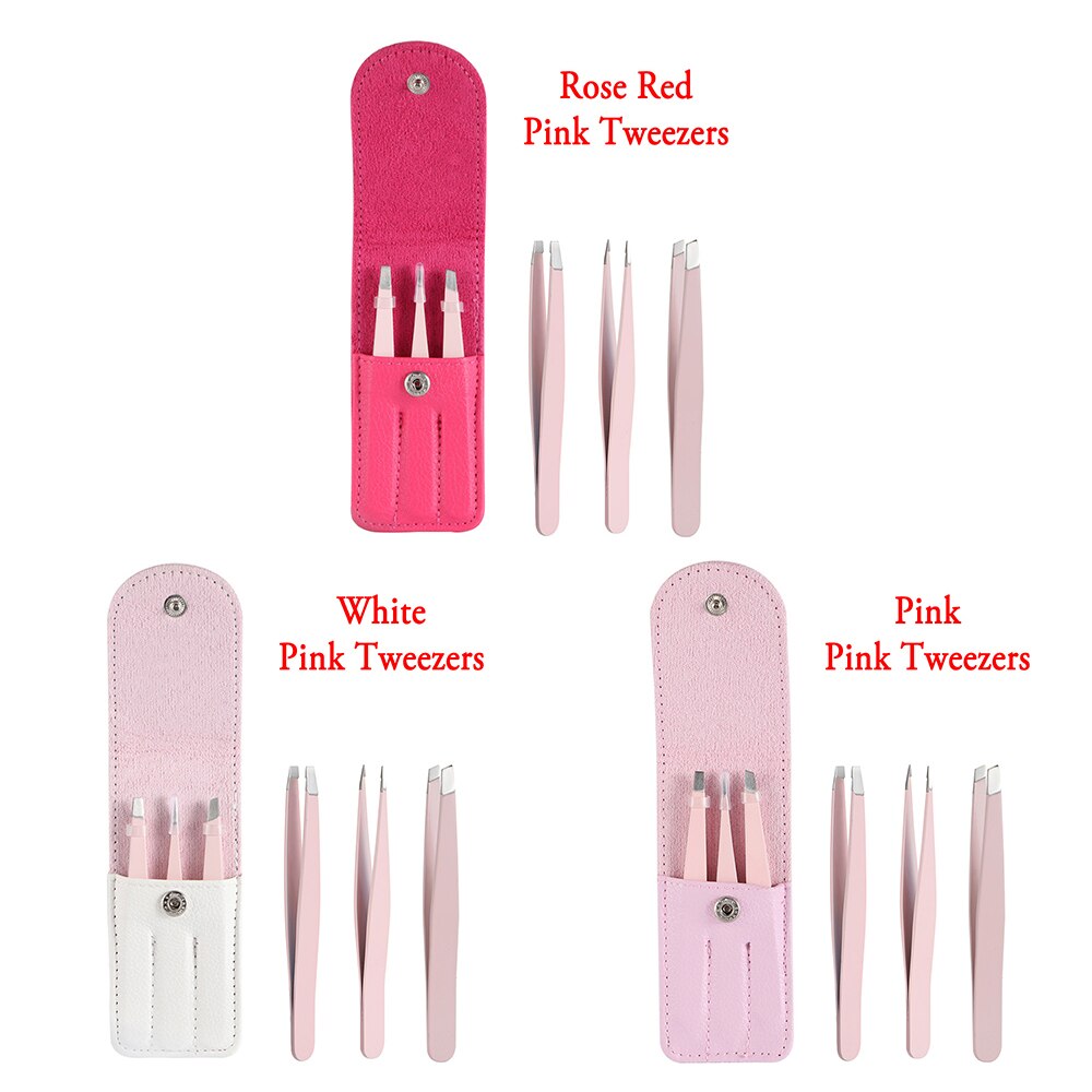 3 Stks/set Wenkbrauw Pincet Rvs Punt Tip/Slant Tip/Flat Tip Ontharing Make-Up Tool Kit Met tas Case