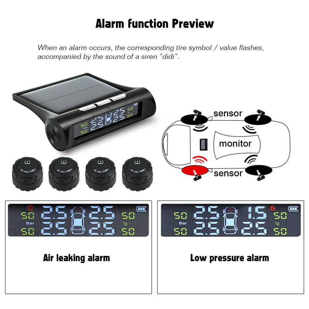 1Set Car TPMS Tire Pressure Monitoring System Solar With External And Internal Sensors Real-time Display 6 Alarm Modes