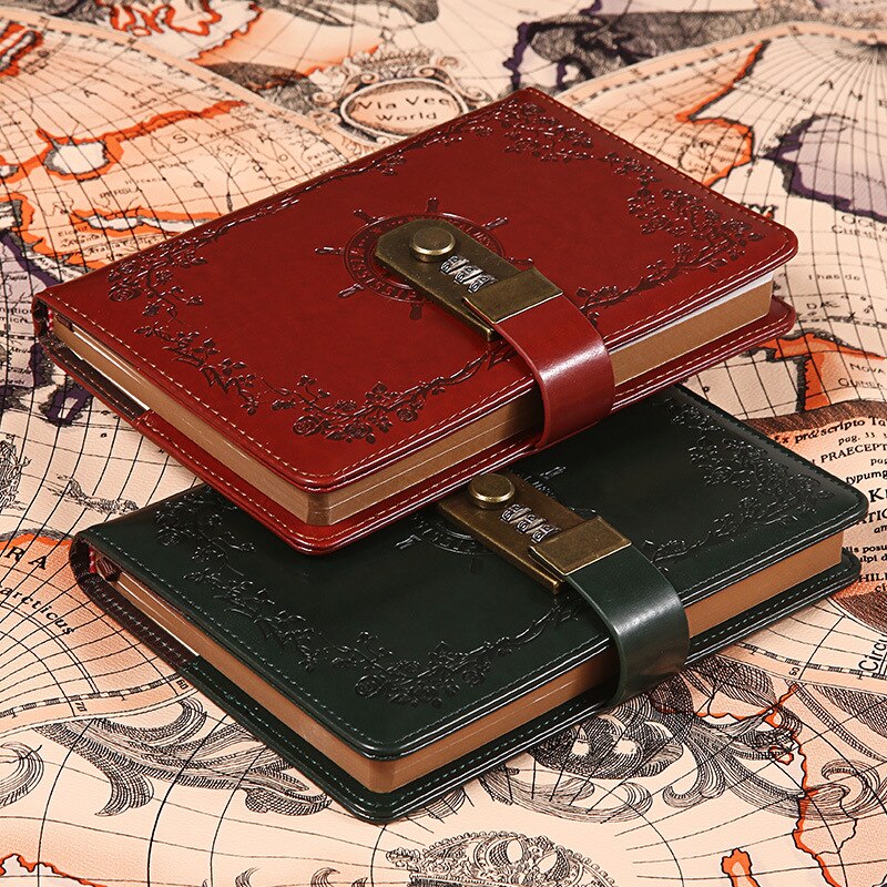 Diario de cuero Pu A5 con bloqueo, planificador, contraseña, cuadernos Retro y diarios, Agenda, cuaderno de notas, suministros para cuaderno de colegio