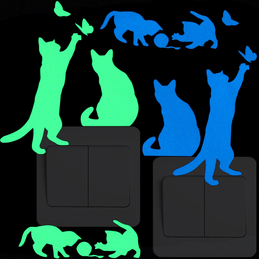 Spelen Kat Lichtgevende Schakelaar Decoratie Sticker Interieur Glow in de Dark Animal Muursticker voor Kid Kamer Jongen Meisje Slaapkamer DIY