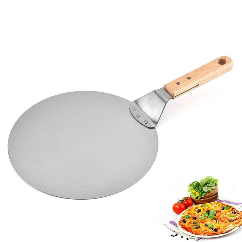Pizza Peel Shovel with Wood Handle Kitchen Round Stainless Steel Pizza Transfer Bakers Paddle Tray Oven Cake Blade