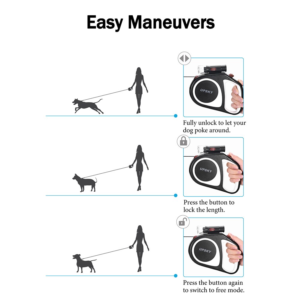 5m hundesnor automatisk udtrækkeligt med lommelygte en-tasts bremse og lås nylon hundesnor reb til små eller mellemstore hundesnor