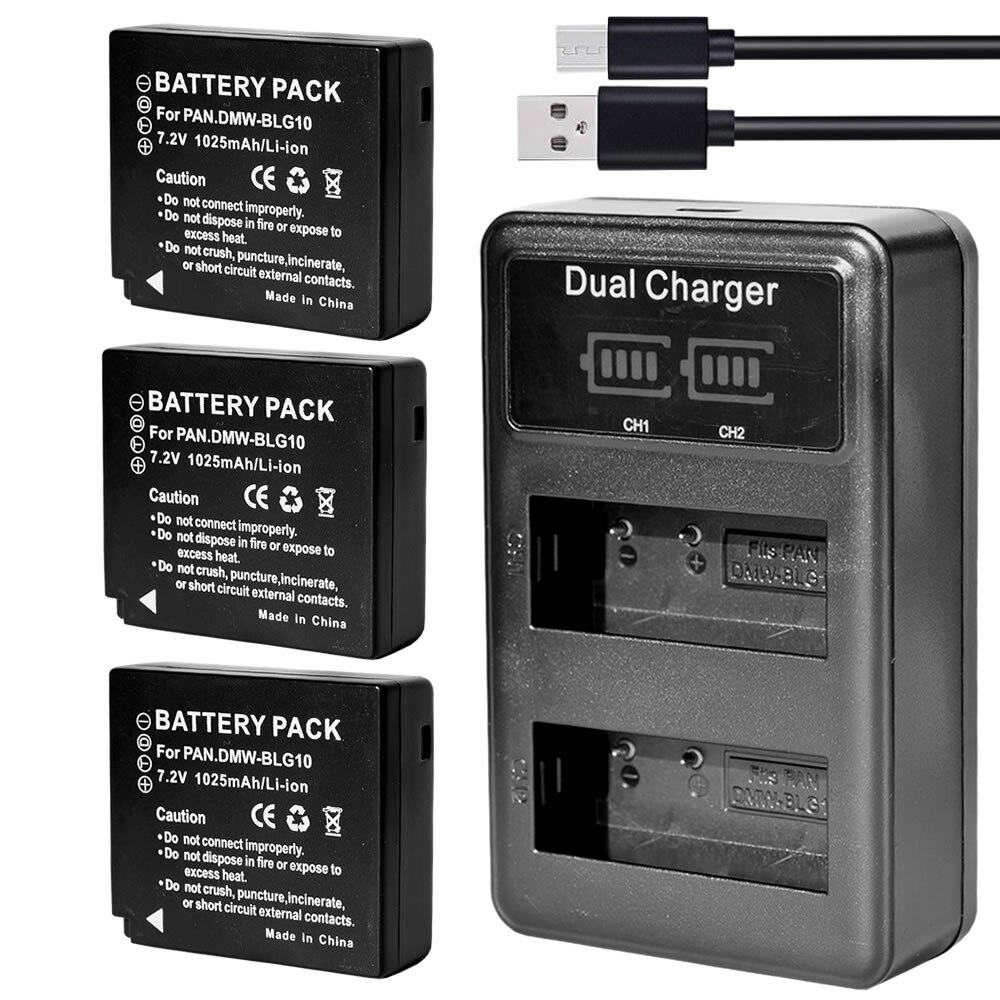 3x Batterij + Usb Dual Charger Voor Panasonic DMW-BLG10E BLE9E Lumix DC-TZ90 DMC-GX7 GX85