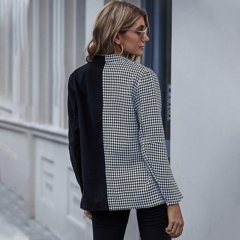 Alwaysq sort hvid gingham splice blazer overtøj kvinder kontor dame efterår forår dobbeltradet plaid casual frakker blazere