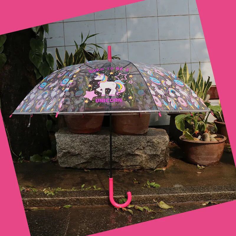 Tegneserie børns paraply dreng pige enhjørning gennemsigtig paraply langt håndtag halvautomatisk vandtæt paraply børns paraply