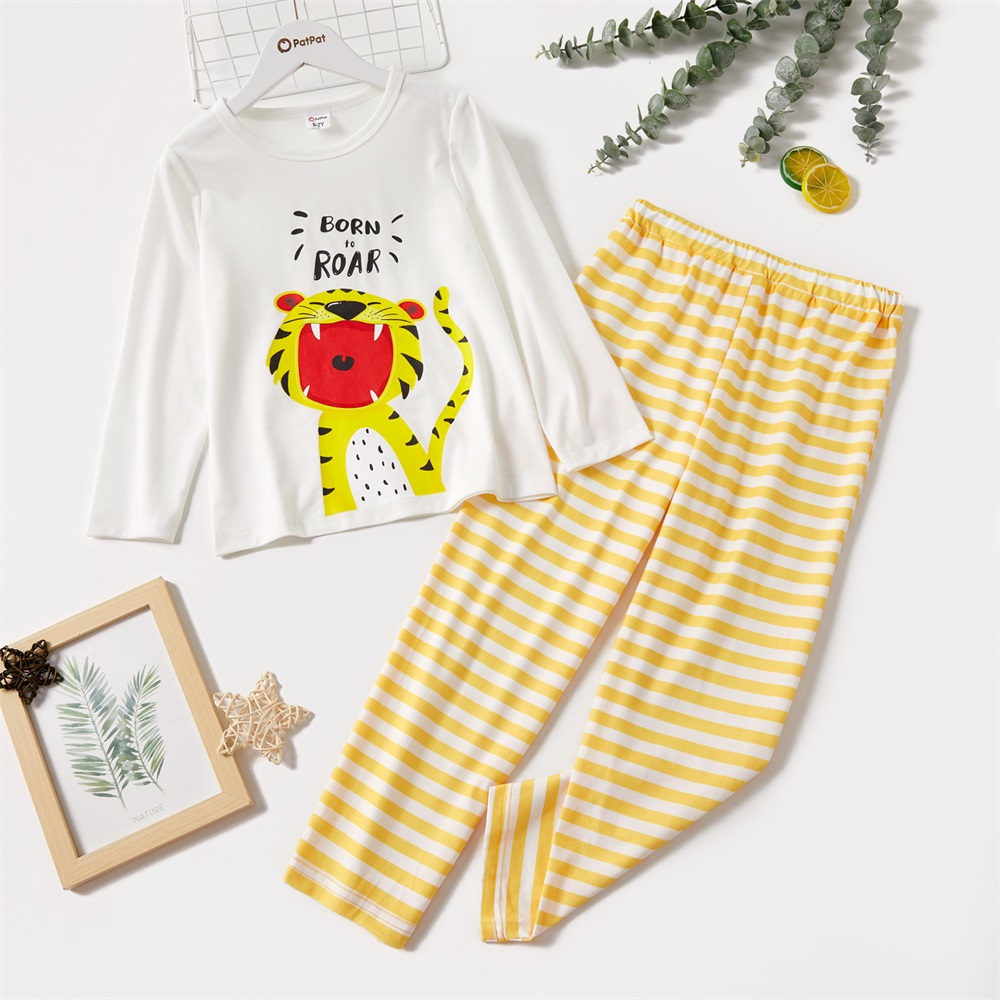 Set pigiami per bambina/bambino 2 pezzi PatPat, Top a maniche lunghe con stampa animalier Koala/tigre e pantaloni a righe: Yellow / 7-8 Years