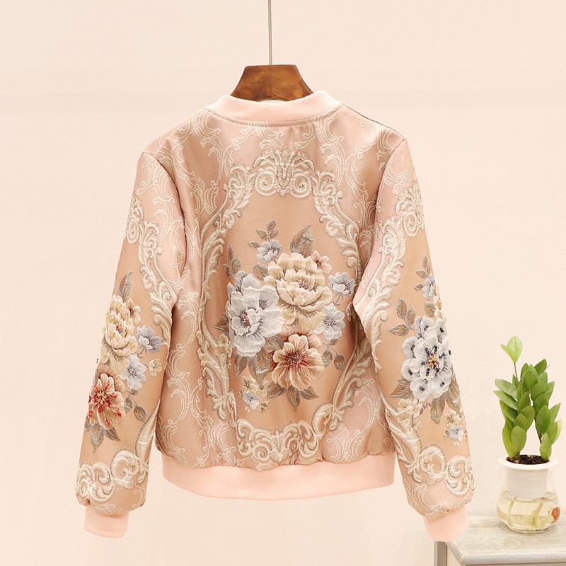 vintage Jacquard Satin embroidery jacket for woman beading floral embroidery long sleeve pink Baseball coat runway outfit
