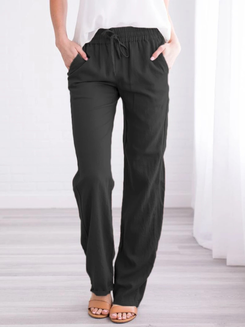 Spring/Summer Women's European and American Solid Cotton Hemp Drawstring Loose Relaxed Wide Leg Pants