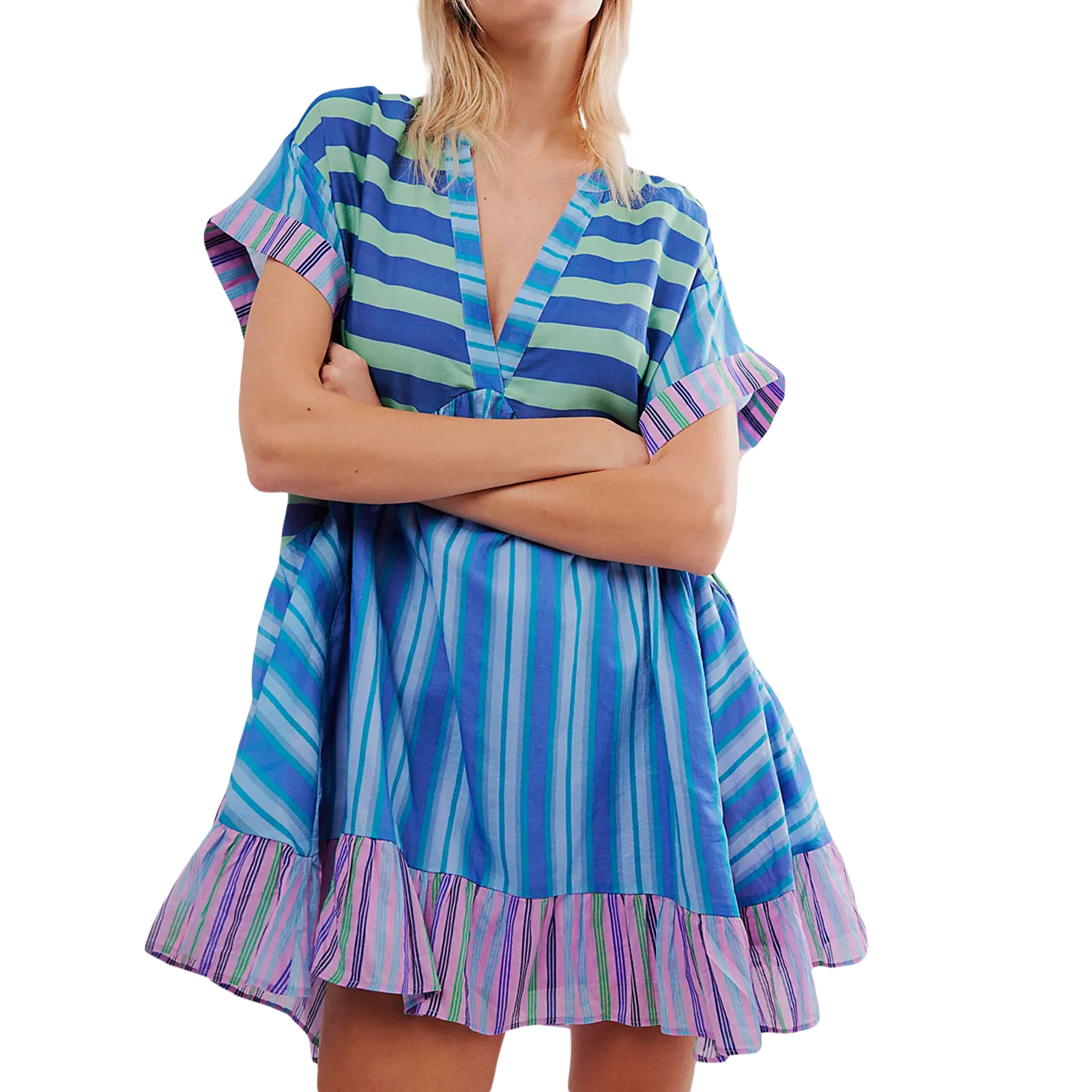 Kvinners sommer babydoll-kjole bohemsk blomstertrykk kortermet v-hals flagrende kjole med lommer fritids-retro: M / Blå