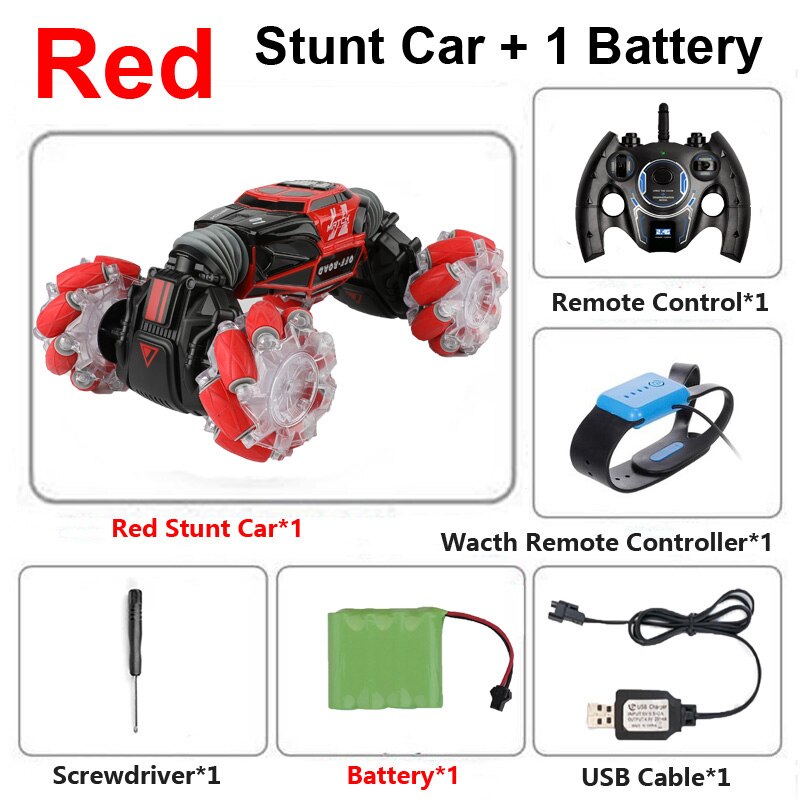 1:16 Remote Control Stunt RC Car Gesture Induction Twisting 4WD Off-Road Vehicle Light Music Drift Side Driving RC Toys: Red 1B