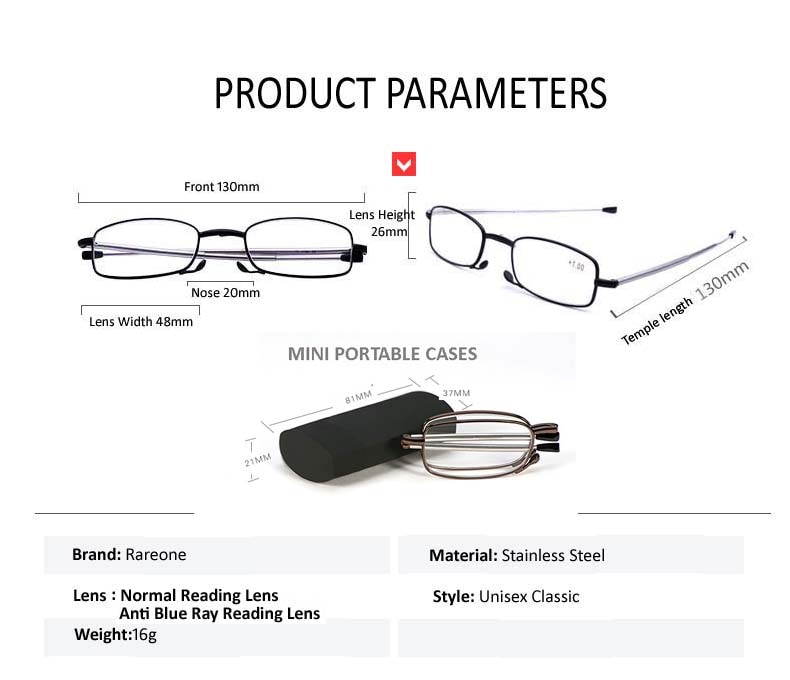 Unisex heren en Dames Opvouwbare leesbril, Draagbare Mini Slanke Leesbril, Verstelbare telescoop armen, PD62 +-1MM