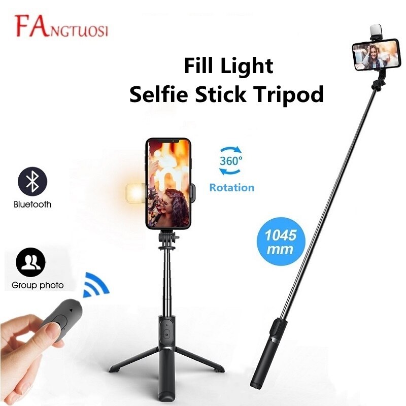 Fangtuosi Draadloze Bluetooth Selfie Stok Statief Opvouwbare Monopods Met Licht Invullen Voor Ios Android Smartphones