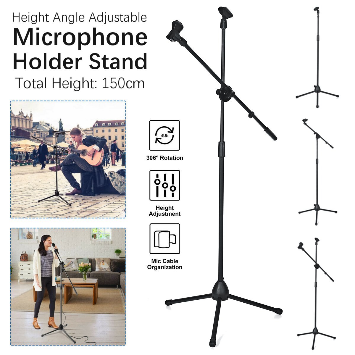 150cm Microphone Stand Holder Boom Arm Height Angle Adjustable With Tripod Base Universal Shockproof Mount Holder Mic Stand