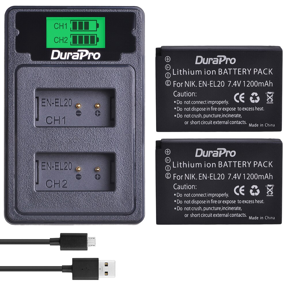 No -el20a en -el20 batteri + lcd dobbel lader for nikon en  el20 el20a coolpix  p1000, 1 j1, 1 j2, 1 j3, 1 s1, 1 v3,  a , a 1, aw1: 2b med lader