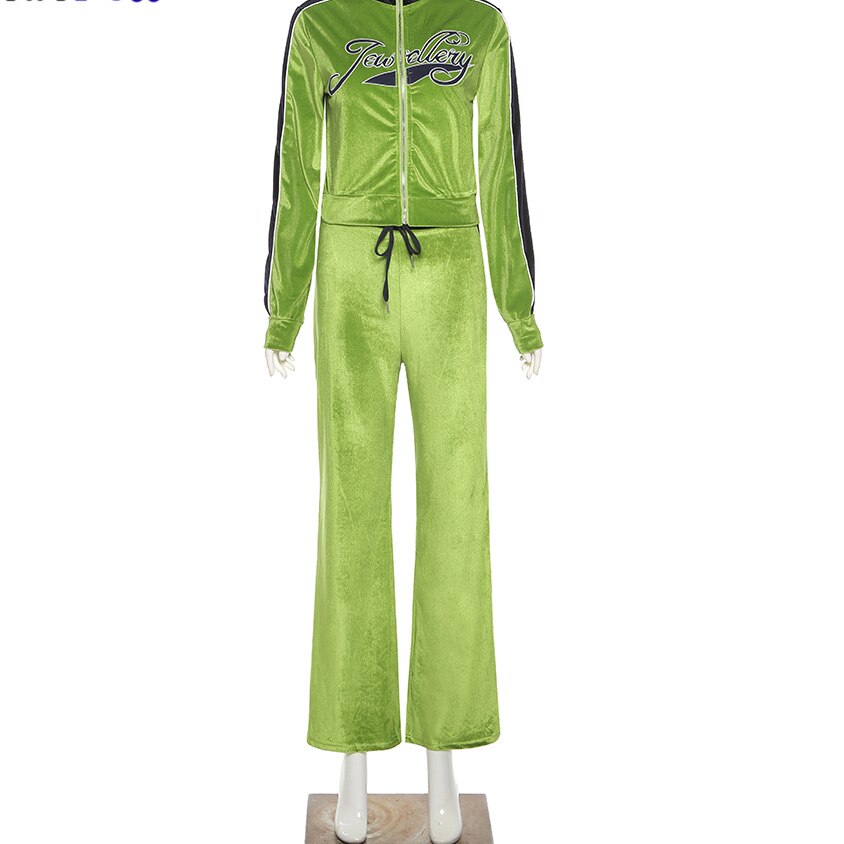 Chándal de terciopelo con letras estampadas para mujer, conjunto de 2 piezas, sudadera + pantalones de chándal rectos a juego, ropa de calle deportiva para Fitness: green / L