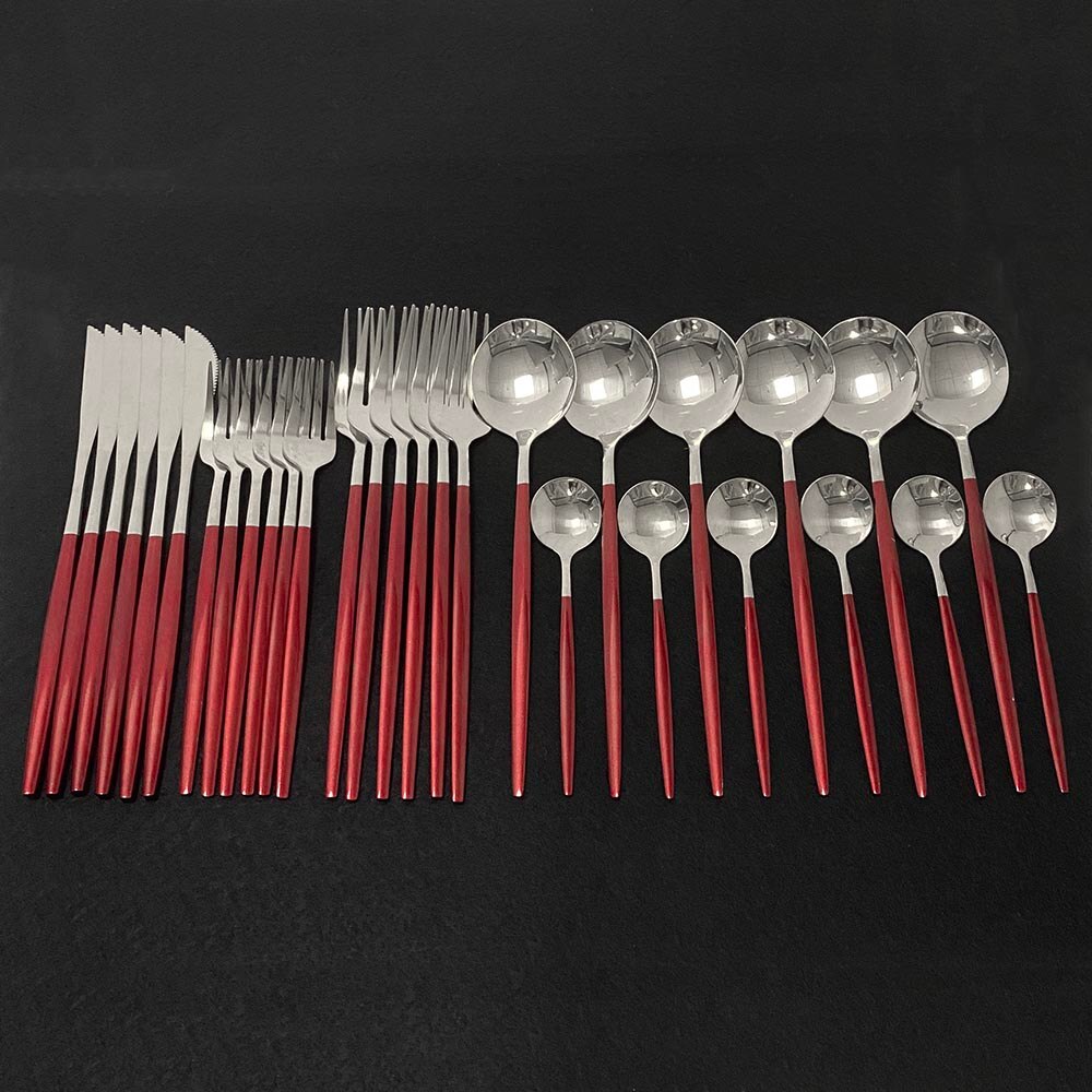 30pcs Dark Green Dinnerware Set 18/10 Stainless Steel Cutlery Set Flatware Tableware Set Dinner Knife Fork Spoon Dishwasher Safe: Red Silver