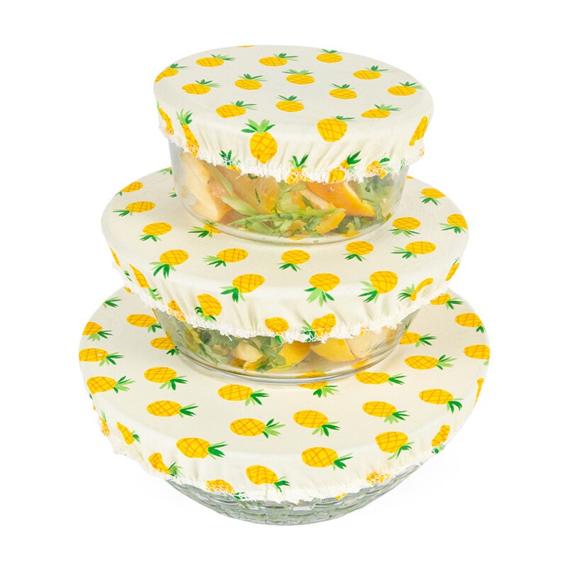 Couvercle de bol réutilisable, lavable, anti-poussière, 3 tailles/ensemble, pour garder les aliments au frais, bol, assiette, tissu, 4 motifs de fruits en option: Pineapple