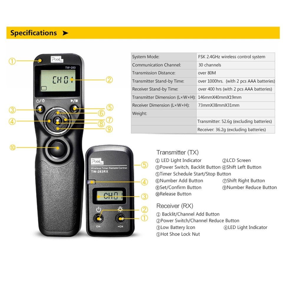Pixel TW-283 minuterie sans fil télécommande déclencheur (DC0 DC2 N3 E3 S1 S2) câble pour Canon Nikon Sony caméra TW283