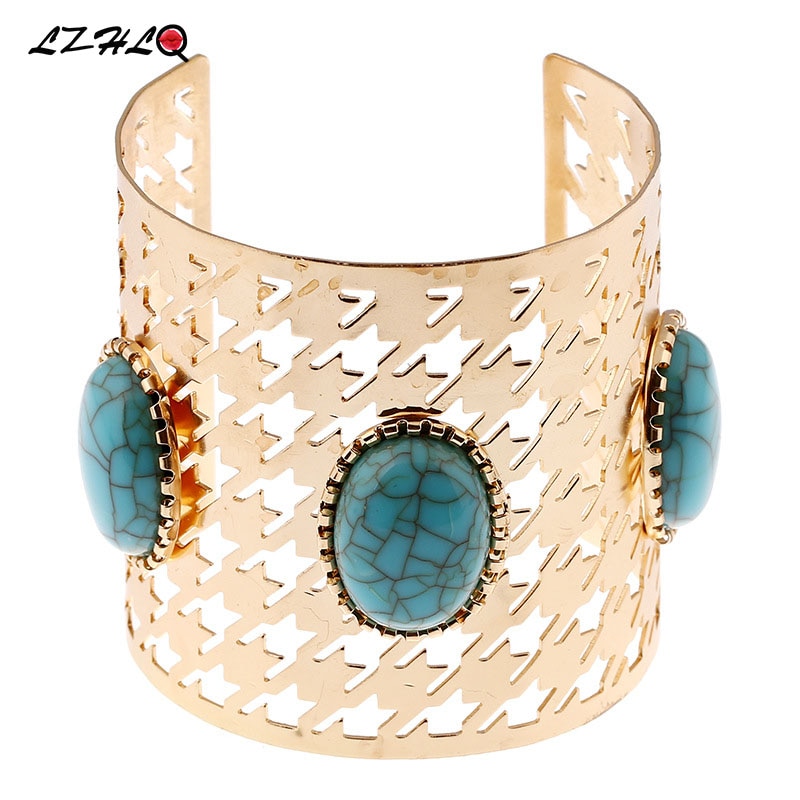 Lzhlq 2020 nova mulher de metal banhado a largura bangle maxi abertura redonda azul pedra jóias pulseira na moda geométrica oco manguito bangle