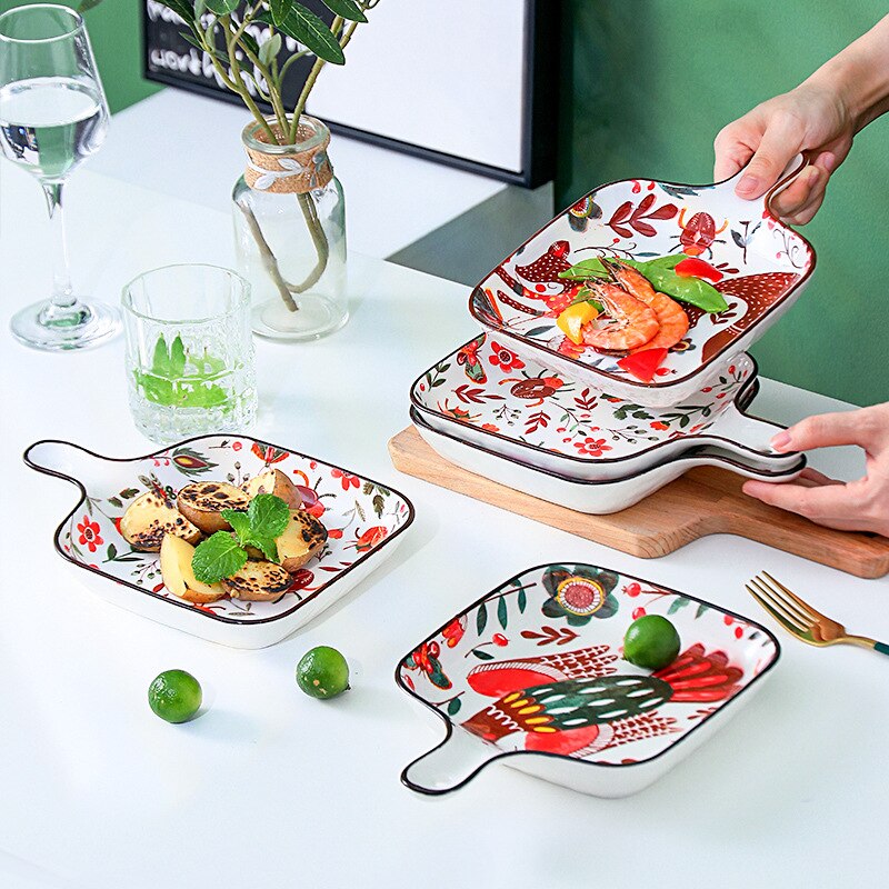 Leuke Cartoon Plaat Keramische Bakken Pan Met Handvat Bakvormen Dessert Cake Brood Dienblad Keuken Servies Magnetron